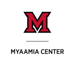 Myaamia Center logo, center text with large, red Miami "M"