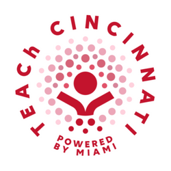 simple drawing of a person with arms stretched upwards surrounded with the words "TEACh Cincinnati powered by Miami"