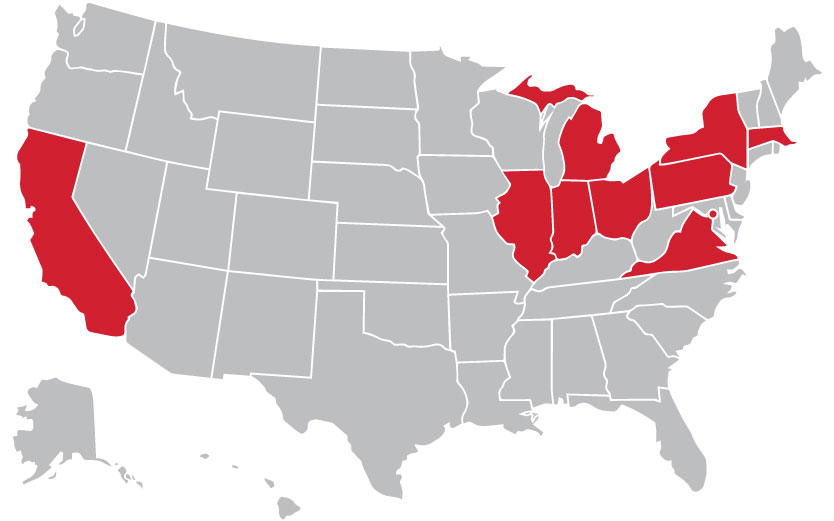 US Map with 10 highlighted states as listed below.