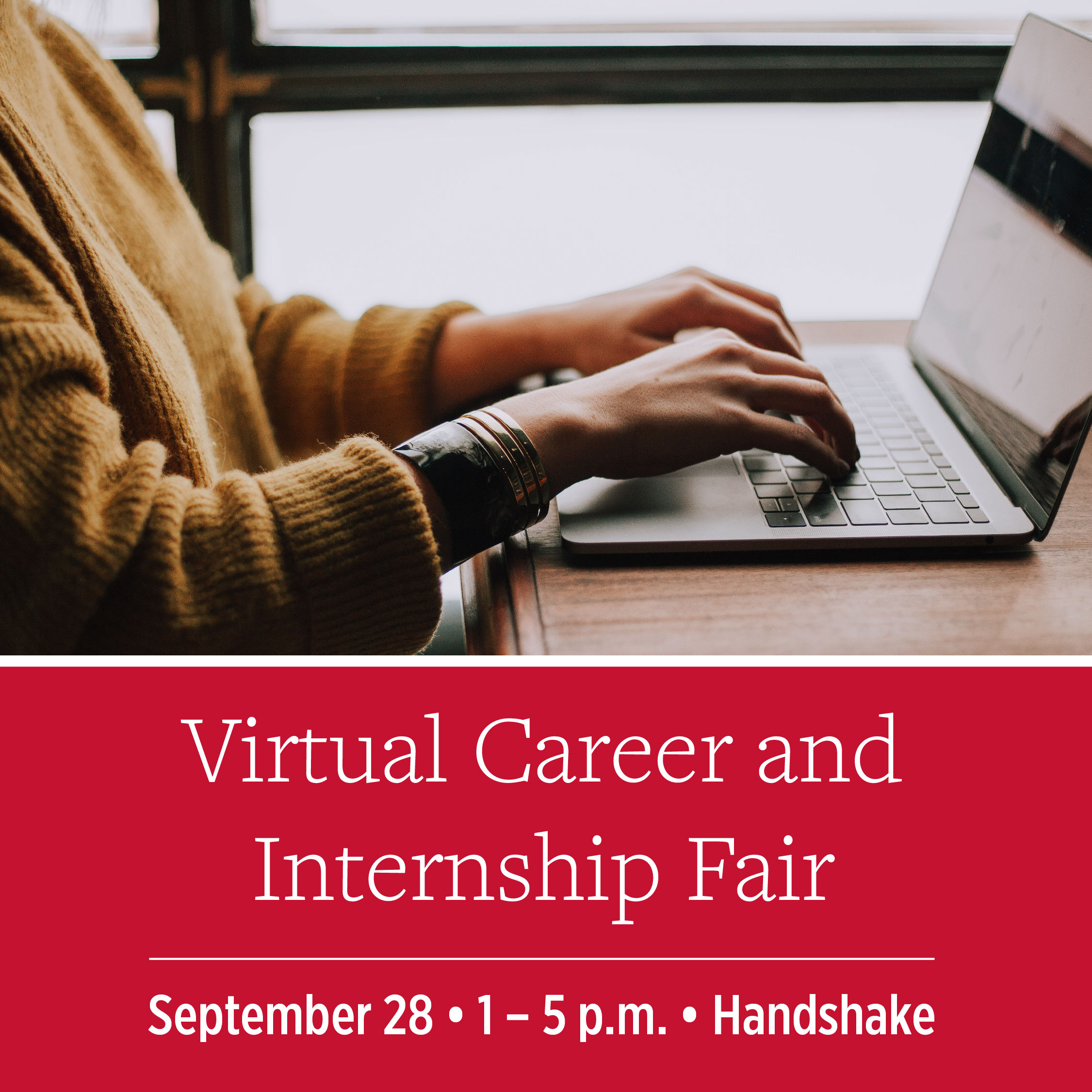 Photo of the Virtual Fall Career and Internship Fair on September 28, 1 – 5 p.m. on Handshake