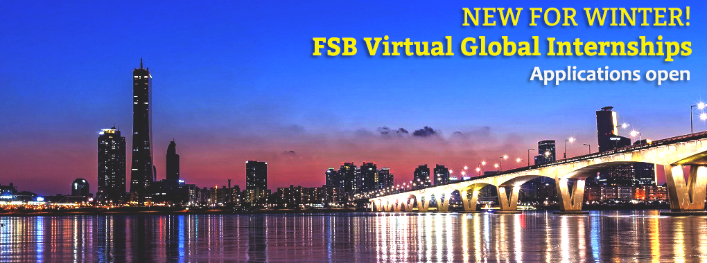 Background of Seoul with the text New for Winter 2021! FSB Virtual Global Internships applications open.