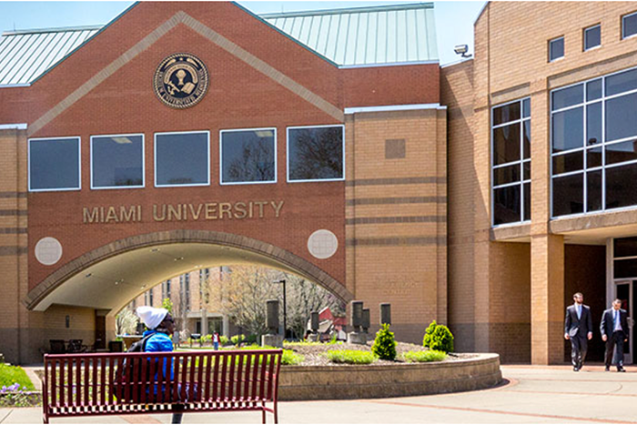 Looking towards Wilks Conference Center arch with Mosler Hall visible at other end at Miami Hamilton campus. Regional campuses are the home of College of Liberal Arts and Applied Science