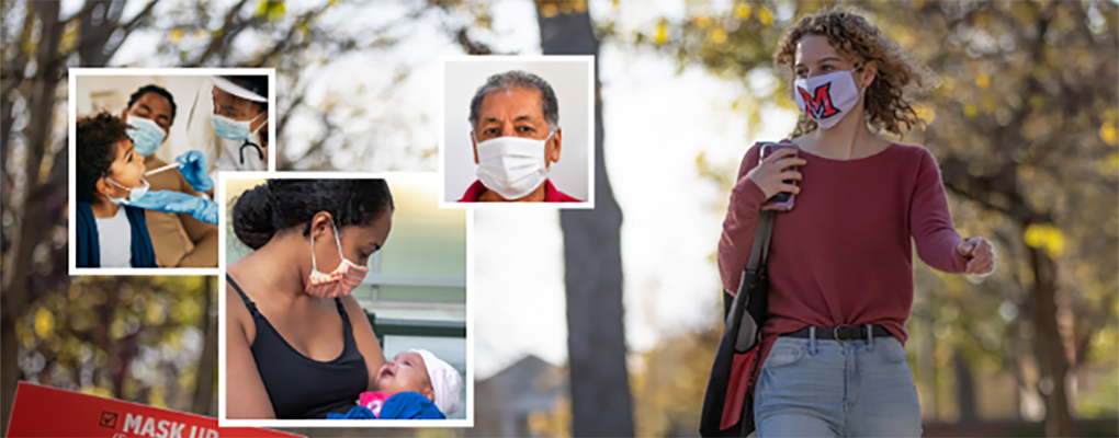A young woman wears a Miami facemask and walks along. At left, a series of photos of people with masks and interacting with medical personnel