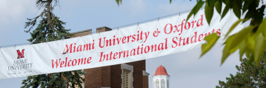 A banner over High Street in uptown Oxford: Miami University and Oxford welcome International Students