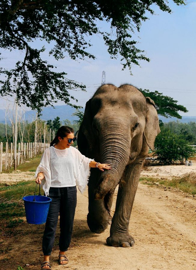 Miami student with elephant in Tha Mai Ruak, Thailand