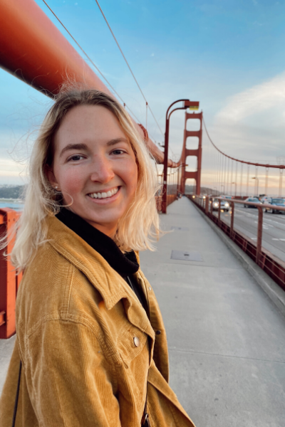 Claire Dougherty stands on the Golden Gate Bridge