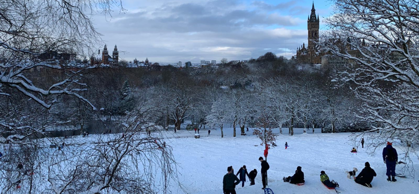 Students sledding near the University of Glasgow