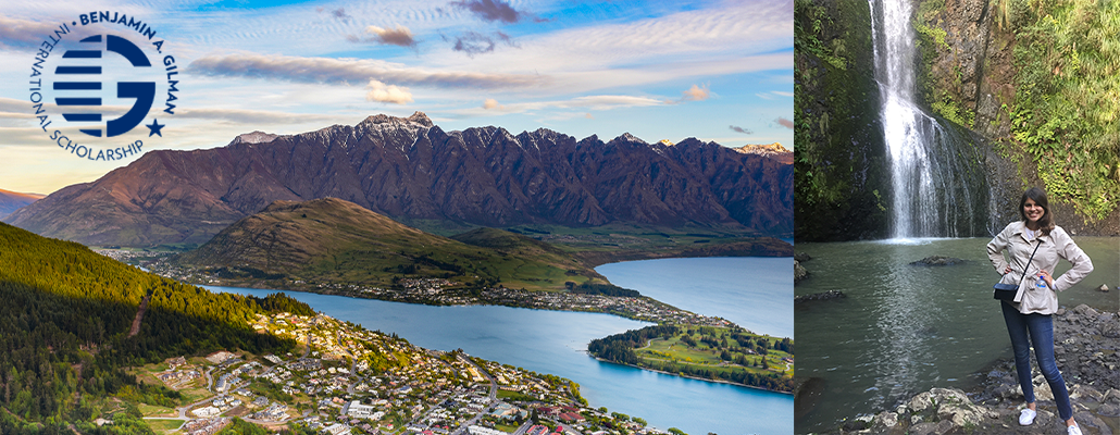  At left a view of mountains and waterways in Queenstown, New Zealand.. At right, a student near a waterfall in New Zealand 