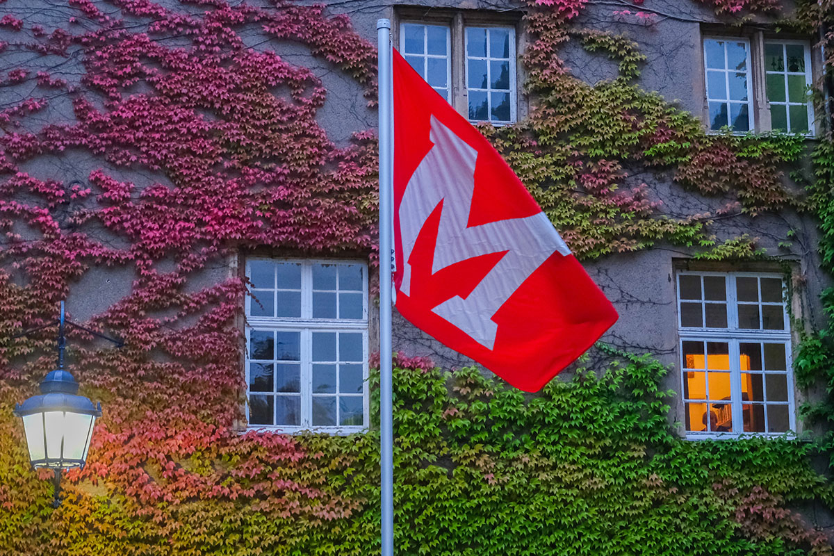 The Miami University flag outside of the Luxembourg facility