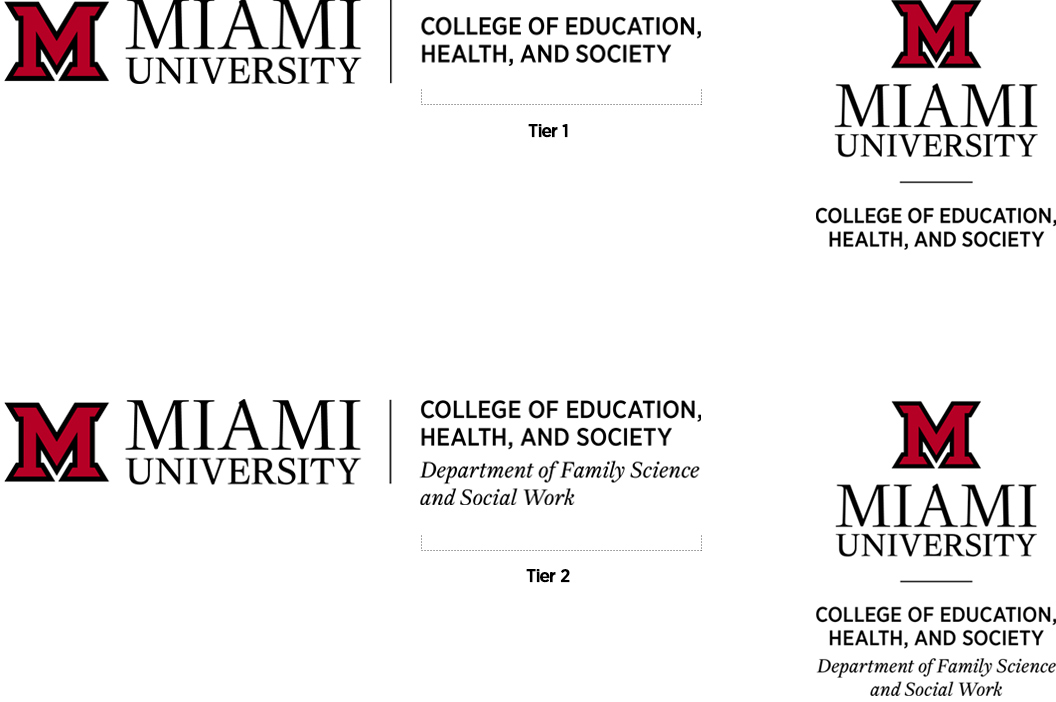 Miami University logo with the division and department name locked up either to the right or below. Separated by a line.