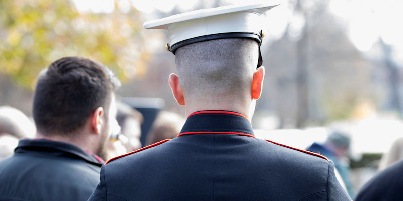 A member of the Military stands at attention with his back to the camera