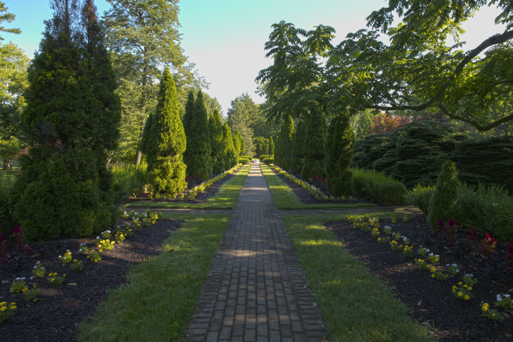  hedge lined pathway leading toward the north end of formal gardens