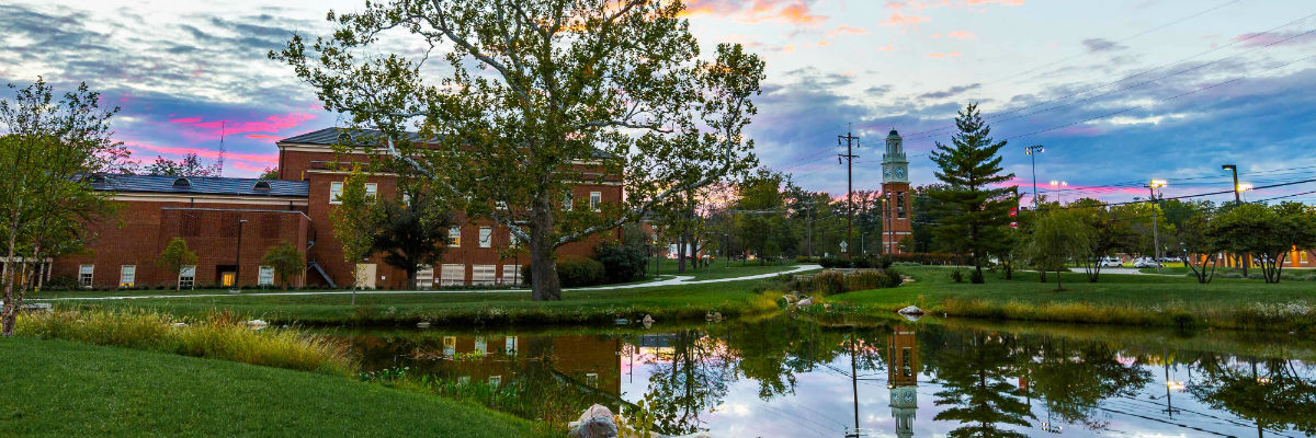  view of pulley tower and benton hall over a pond