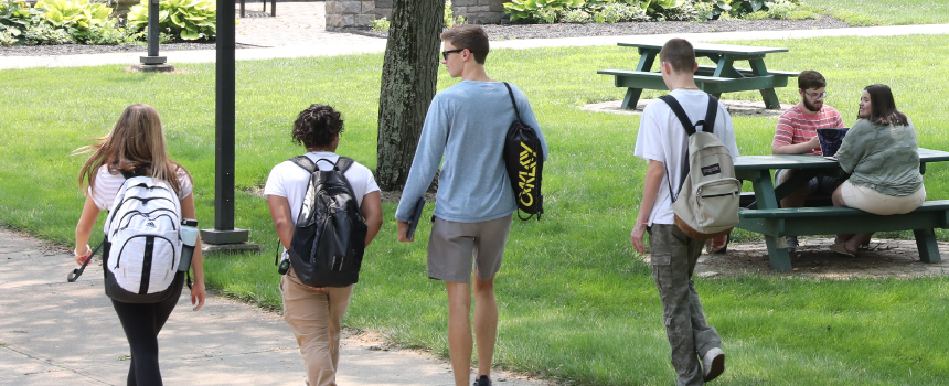 Students walking through the quad on the Middletown campus.  