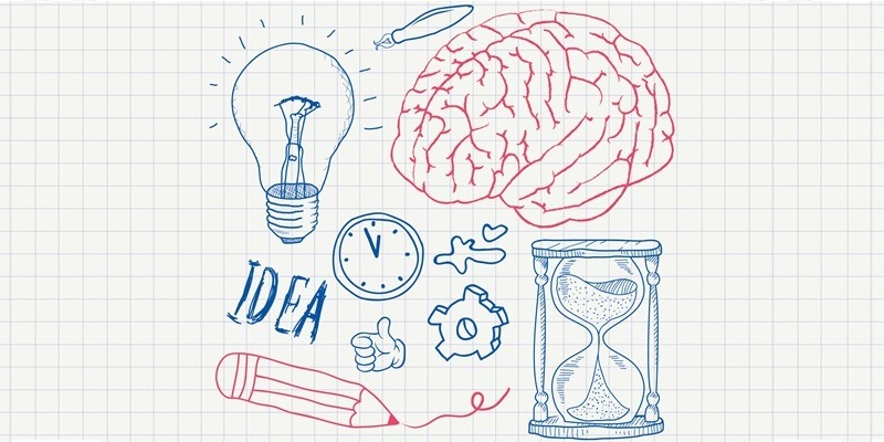 A sketch of an illuminated light bulb, a brain, a pen, the word 