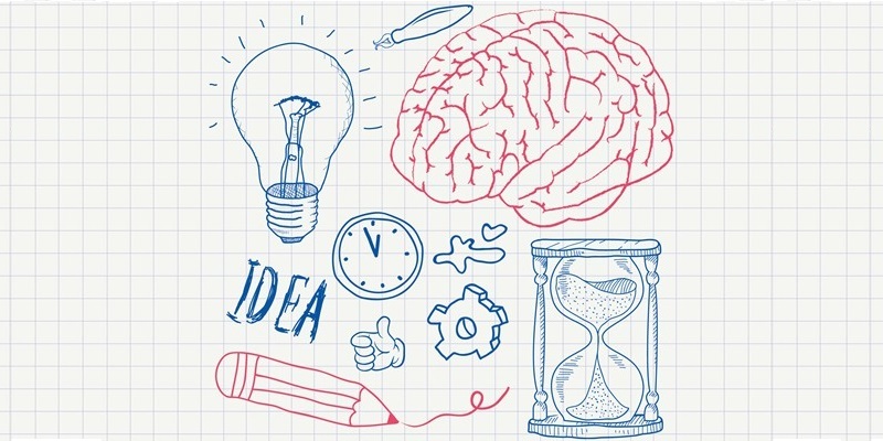 A sketch of an illuminated light bulb, a brain, a pen, the word