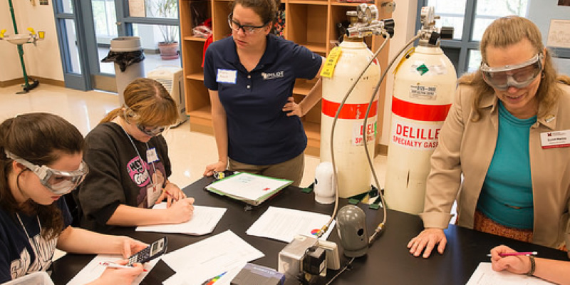 HS students in lab with professor Susan Marine, analyzing data.