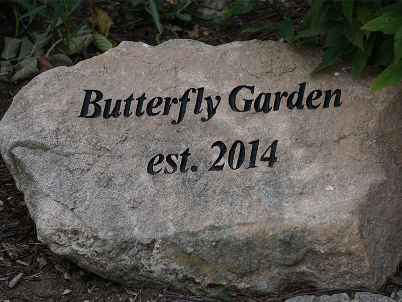 Rock with the wording Butterfly Garden est. 2014