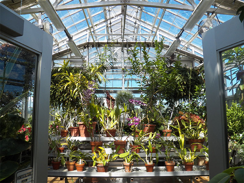 Horticultural Room entrance with doors and flowers.