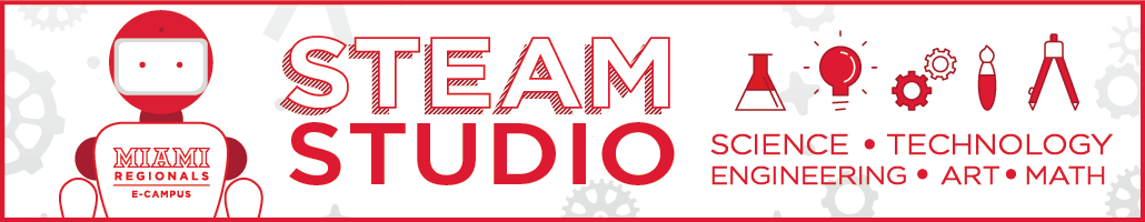 red and white banner of a robot with text that reads: Miami Regionals E-Campus, STEAM Studio Science, Technology, Engineering, Art, Math
