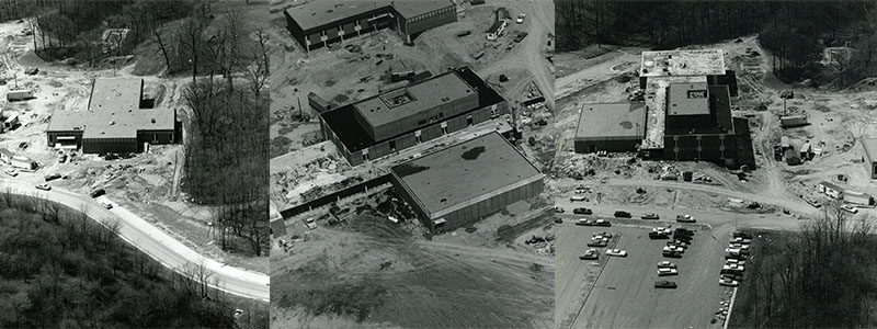 3 photos of arial views of the Middletown Campus while it was under construction.  