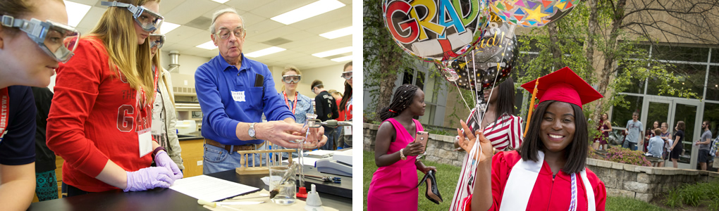 Students working in a lab with the professor showing them how to use a beaker. A student holding balloons at the commencement ceremony at Miami Middletown.