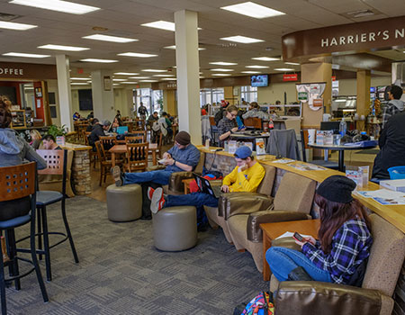 Students hanging out at Harrier's Nest dining in Schwarm Commons on the Hamilton Campus.  