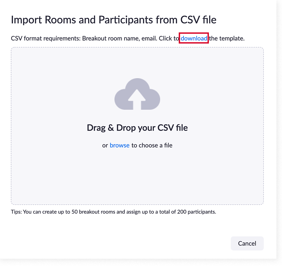 The "Import Rooms and Participants from CSV" window