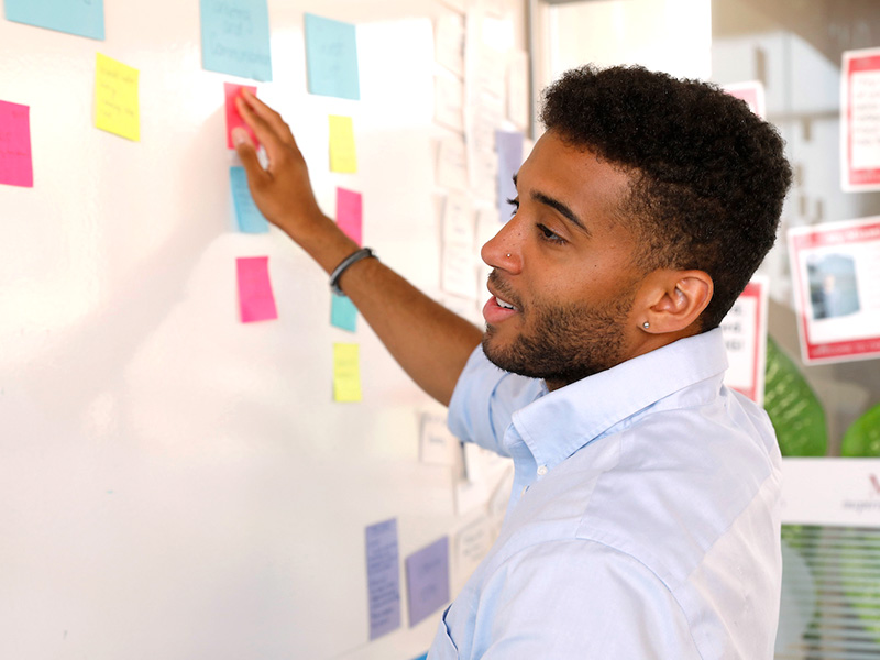 A person using Agile project management methods to organize sticky notes