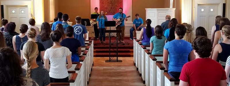 A praise band plays during a student worship service in Sesquicentennial Chapel
