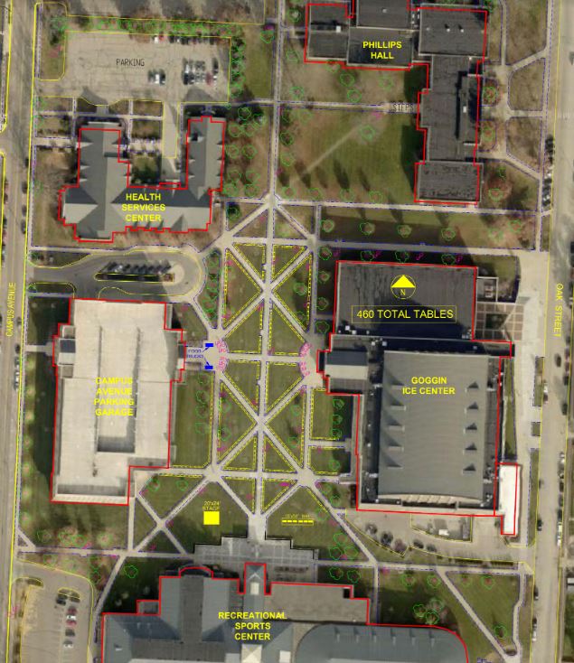 Bird's eye view of the Rec Quad, with tiny yellow rectangles representing tables for 2019 mega fair.