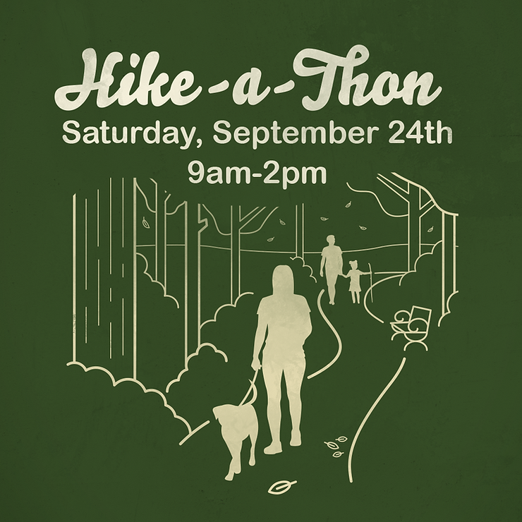 Silhouettes walking through the woods. Hike-athon Saturday, September 24 11 AM until 2 PM