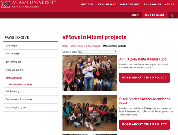 Advancement website with #MoveInMiami projects listed, including AphiO Zeta Delta Alumni Fund and Black Student Action Association Fund. 