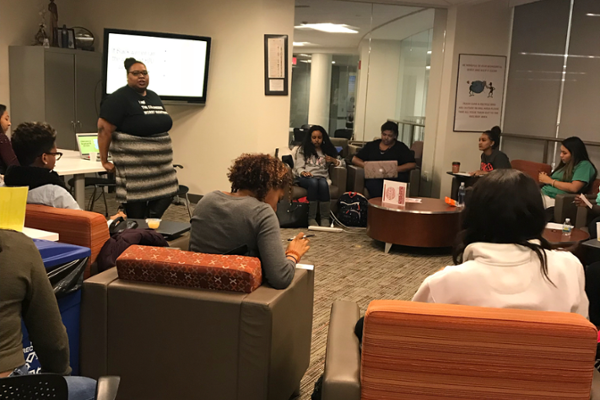 Kelcey Broomfield facilitating presentation to Miami students during Sister Circle in the ODA’s Cultural Center