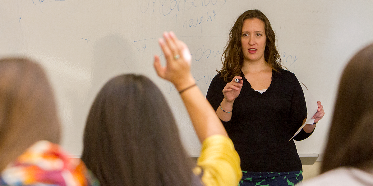 A professor stands in front of a classroom while a student raises their hand
