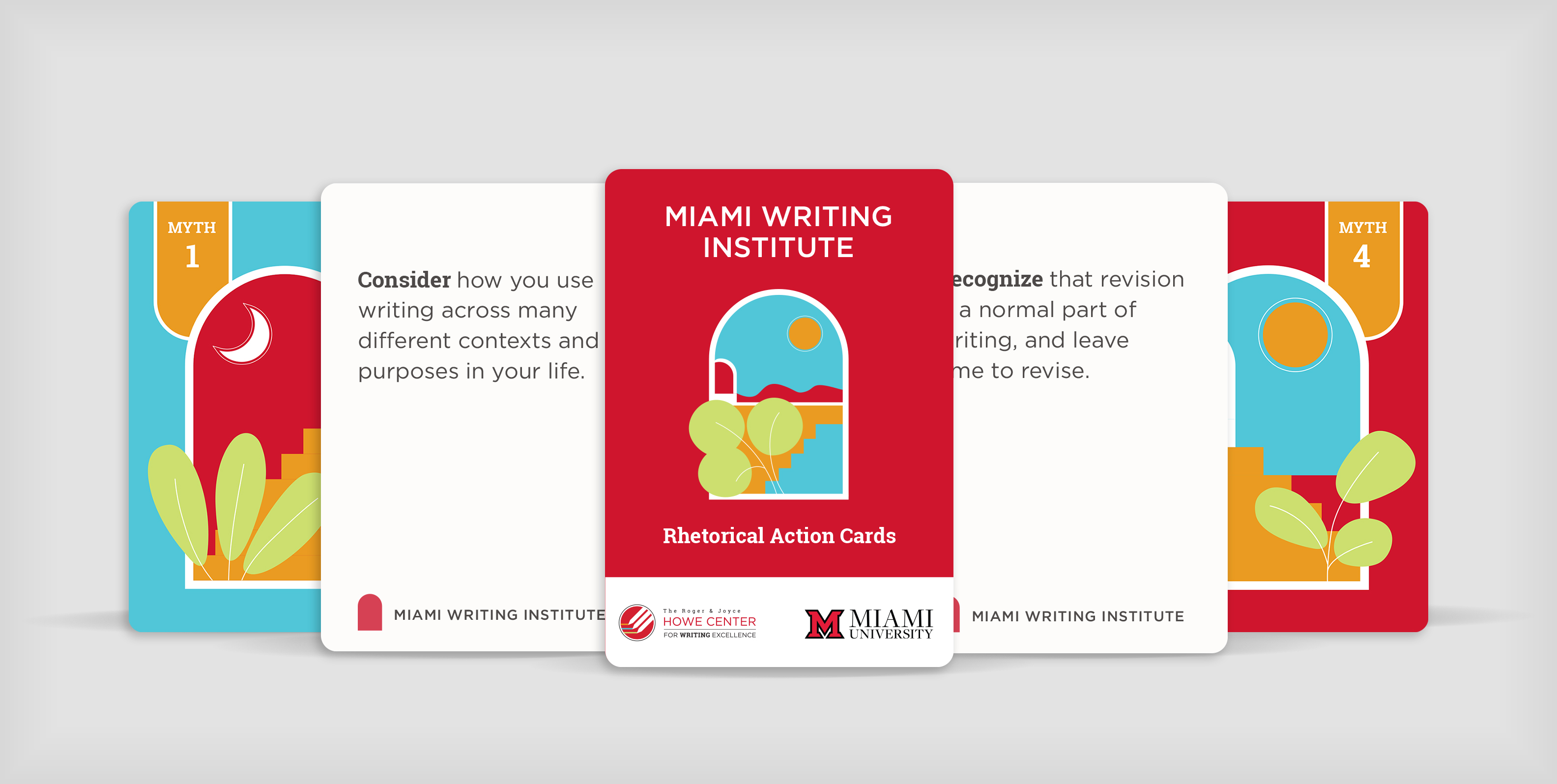 A mockup of a set of flashcards that describe principles from the Miami Writing Institute