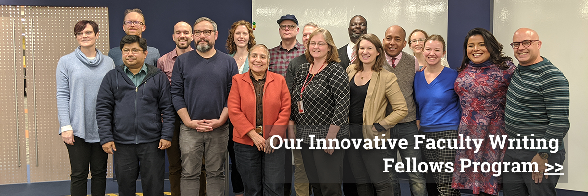 Click to learn about our innovative faculty writing fellows program. Graphic shows a large group of Faculty Fellows pose for a photo.