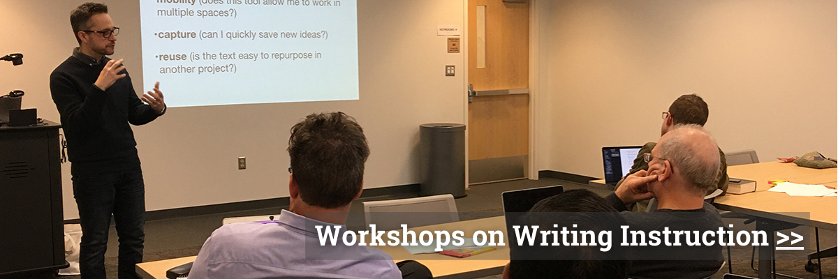 Click to learn about workshops on writing instruction. Graphic shows professor delivering presentation to audience.