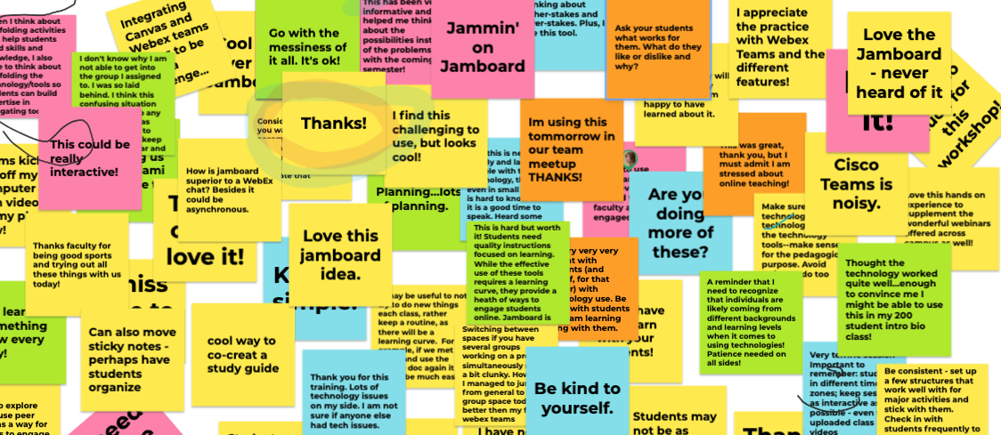 Google Jamboard with multi-colored post-it notes from workshop attendees. Sample post-it messages include "Love this jamboard idea"; "Be kind to yourself"; "I must admit I am stressed about online teaching!"; cool way to co-create a study guide".