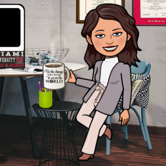 Michelle Cosmah bitmoji character in virtual classroom, seated and holding coffee mug that reads "Be the change you want to see in the world." 