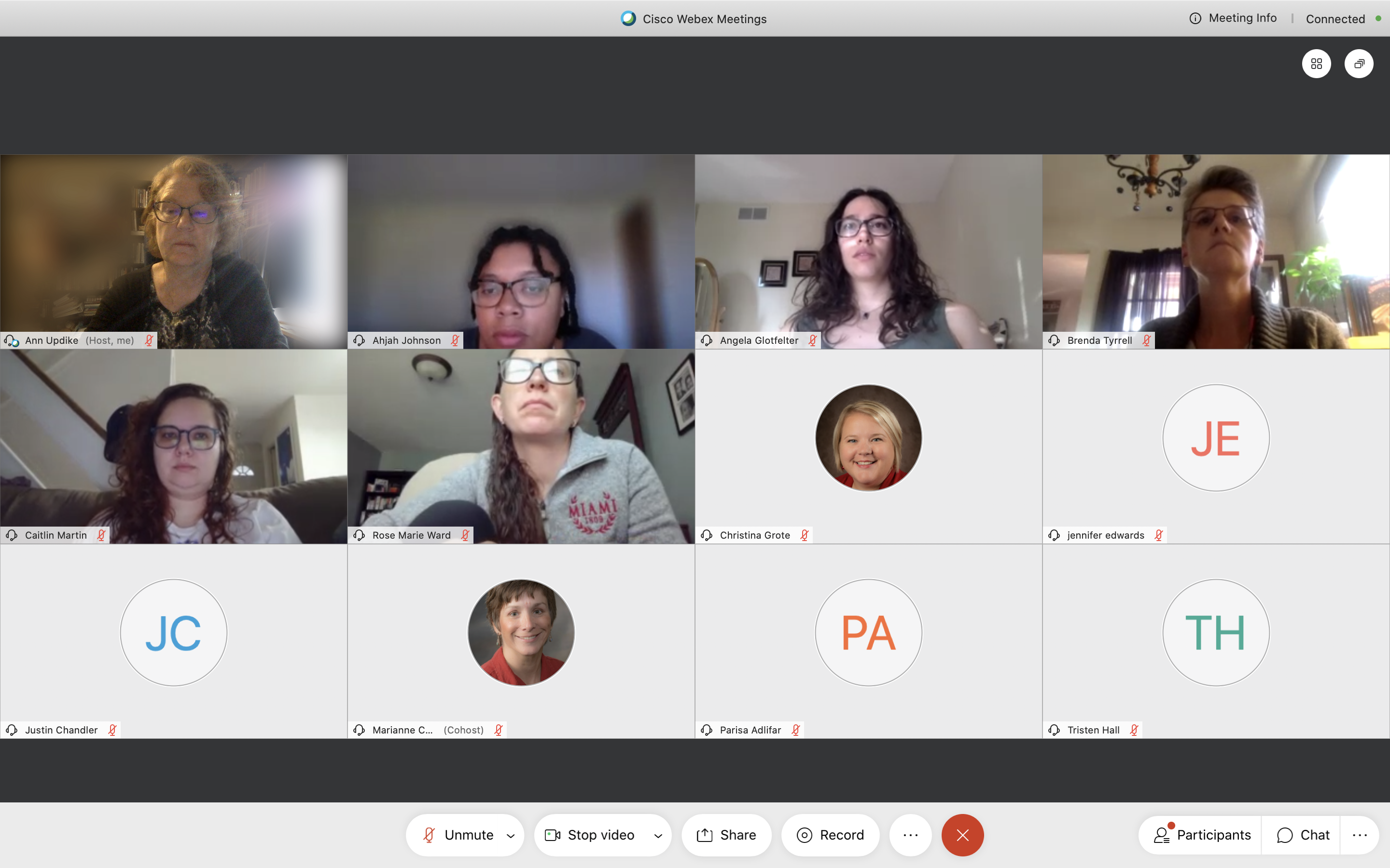 Screencapture of multiple virtual retreat attendees in the cisco webex chat room.