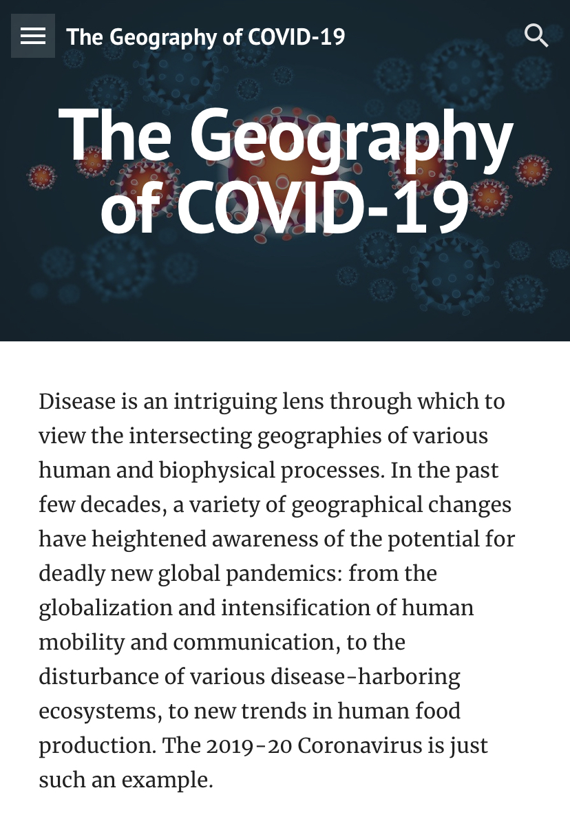 Homepage of The Geography of COVID-19 website (blue background, red virus graphics). Black text on white background appears below graphic.