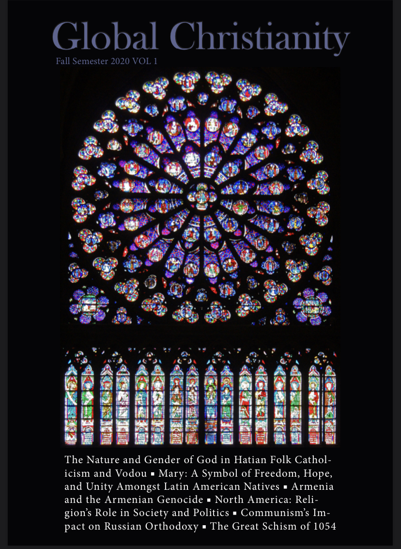 Cover of a magazine titled Global Christianity. Black background with a stained-glass window at center. 