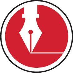 A red circle icon with a white fountain pen drawing a white line