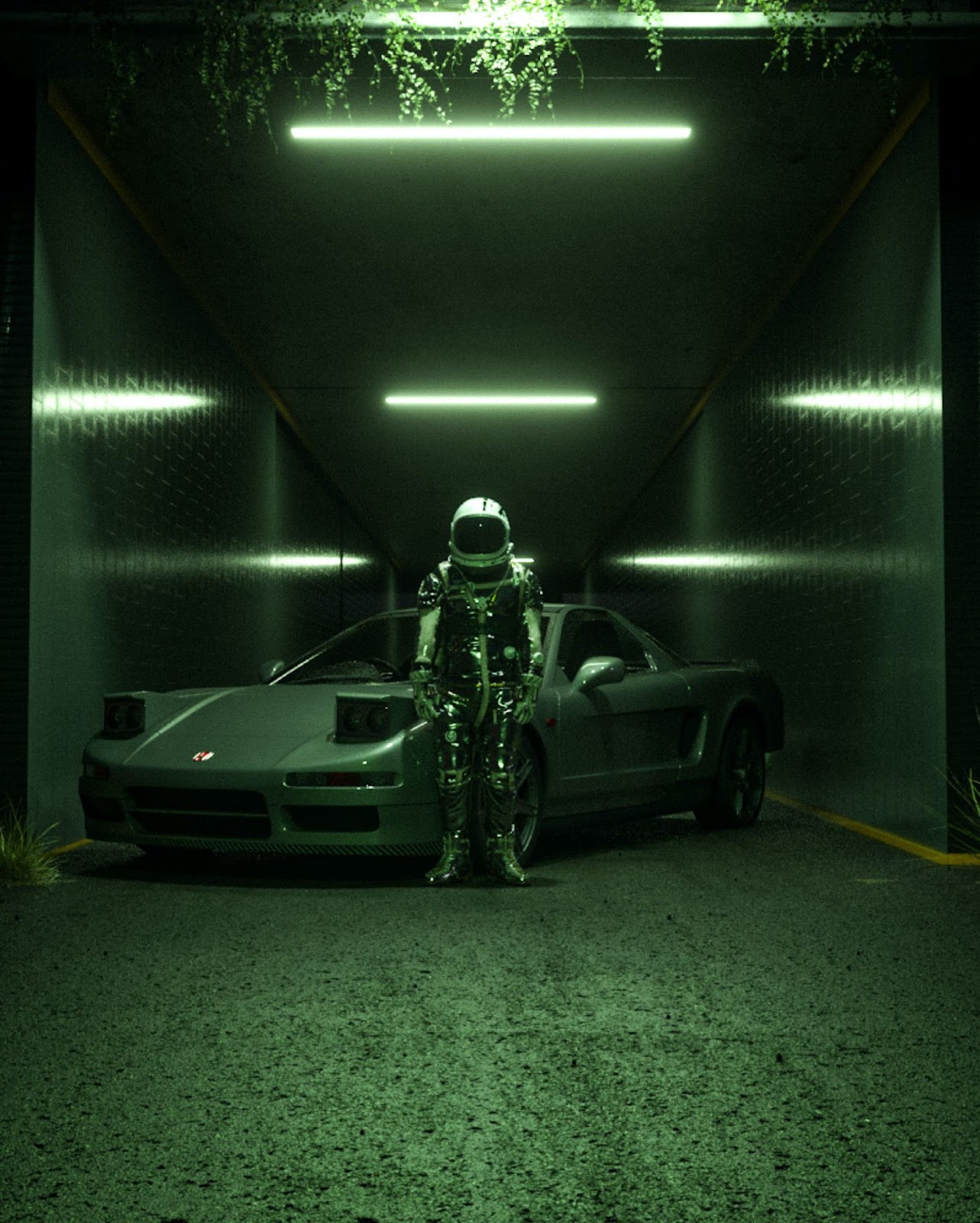 Photo of an astronaut in a space suit and helmet standing in front of a modern sports car in a narrow room. Several bars of white light are coming from the walls and ceiling, washing the scene in a green glow.