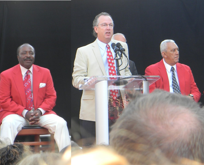 Speaking at the dedication ceremony for the Joe Morgan statue with Joe Morgan sitting in the background