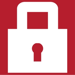 A white padlock on a red background to designate security