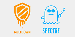 an orange melting shield and blue ghost, logos of the Meltdown and Spectre chip flaws