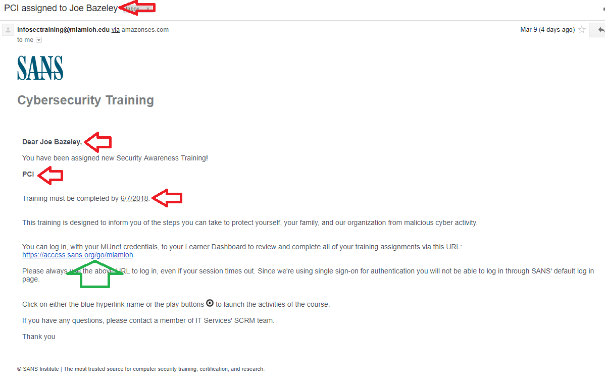 Sample security training email noting the attendees name, training title, and date will be different from the actual email that is sent.