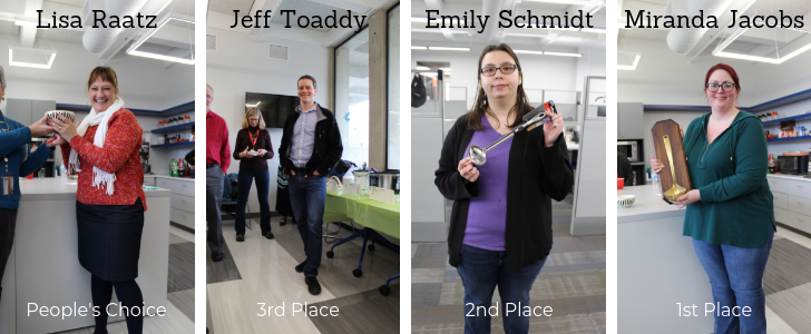 The winners of the chili competition - Lisa Raatz for People's Choice, Jeff Toaddy for Third Place, Emily Schmidt for Second Place, and Miranda Jacobs for First Place